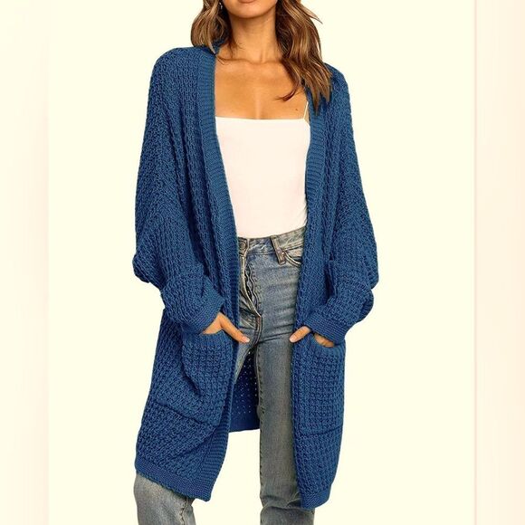 Meroketty Cozy Blue Waffle Knit Oversized Cardigan Pockets NWT SZ XL - Picture 2 of 9